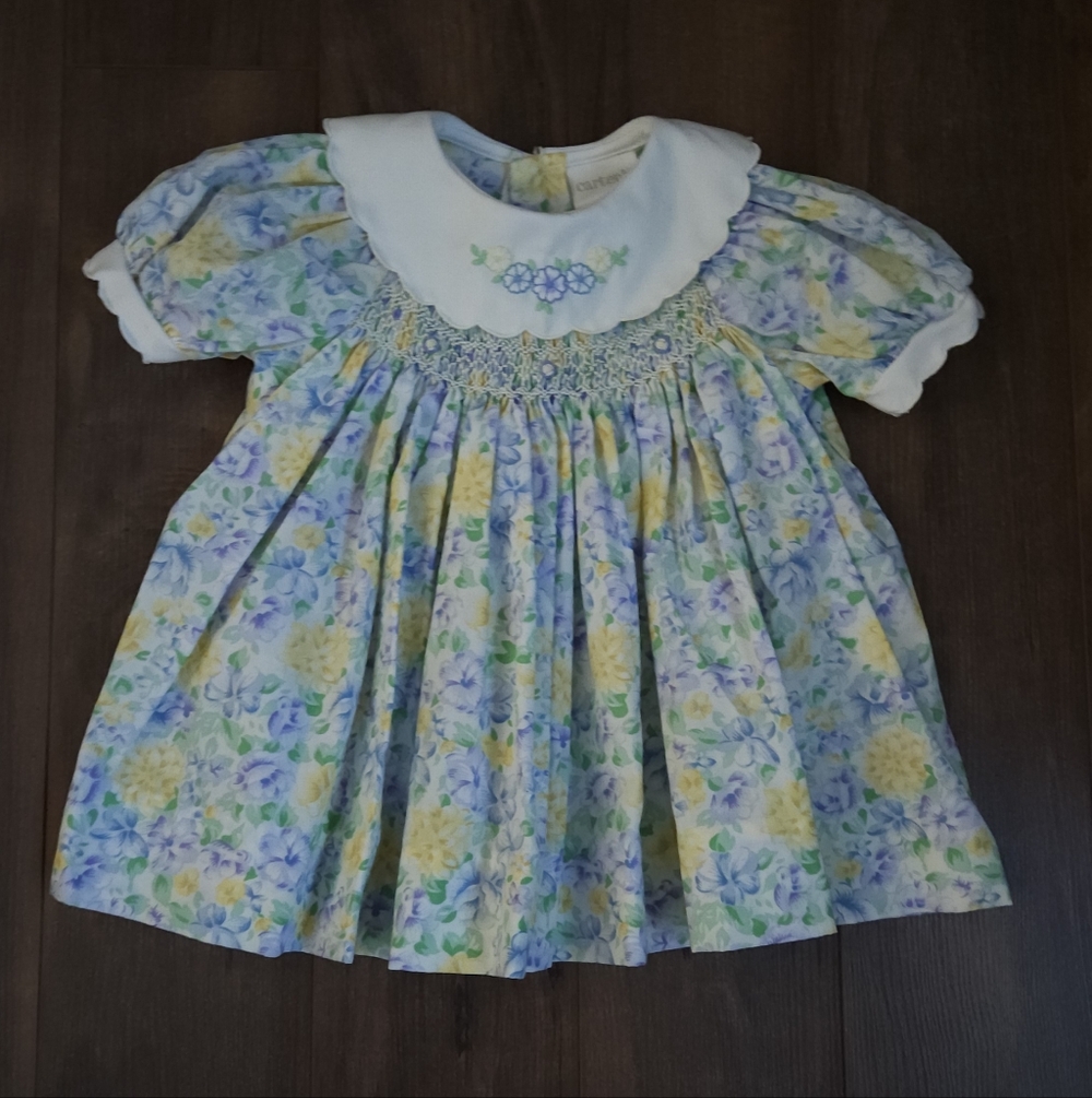 Carters Smocked & Embroideted Floral Dress with White Collar. 0-3 Months EASTER!